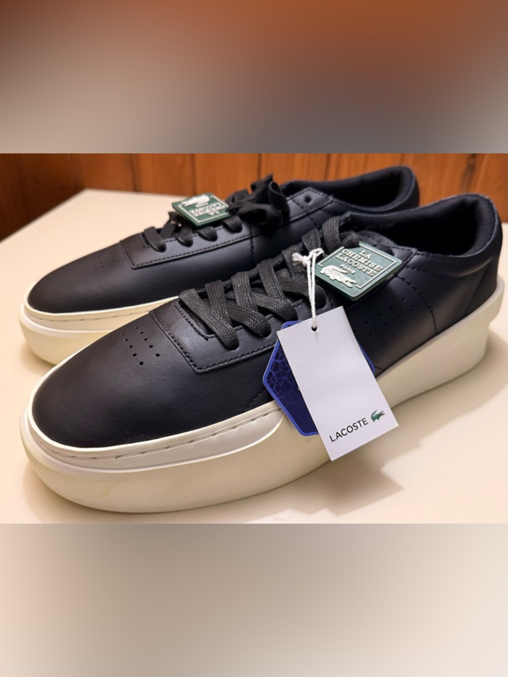 Lacoste men’s Black Leather Sneakers with Cream Platform Sole(Brand New)